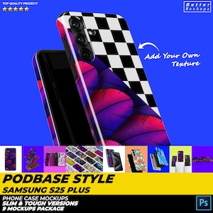 以下が含まれることがあります： 黒と白の市松模様と紫と赤の羽のデザインが施された、Samsung S25 Plusの携帯電話ケースのモックアップ。画像には「Add Your Own Texture」と「PODBASE STYLE SAMSUNG S25 PLUS」の文字が含まれています。