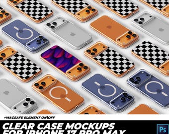 May include: A collection of clear phone case mockups for iPhone 17 Pro Max. The cases feature various designs, including a checkerboard pattern, solid colors, and a feather design. The cases have a MagSafe element.