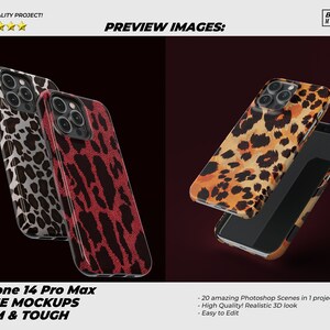 May include: Two iPhone 14 Pro Max phone cases with leopard print designs. One case is black and white, the other is red and black. The cases are shown on a dark background.