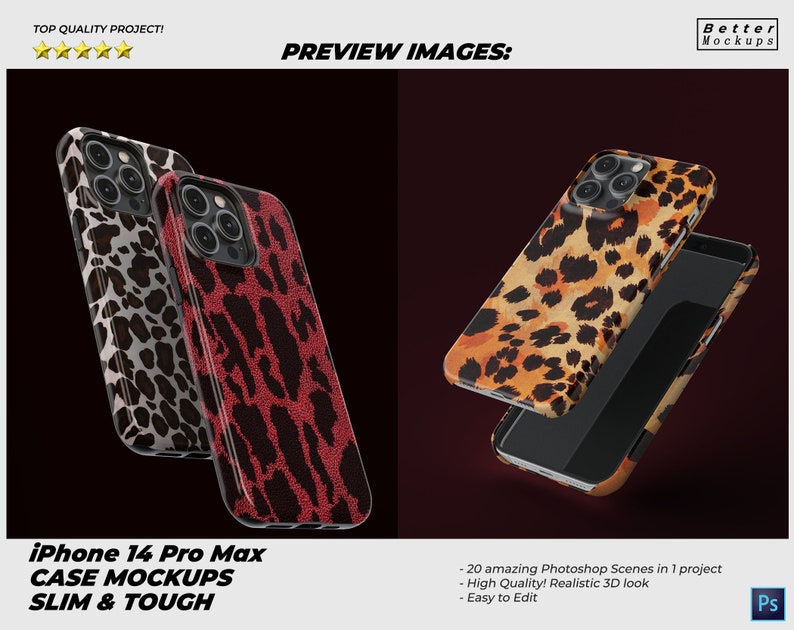 May include: Two iPhone 14 Pro Max phone cases with leopard print designs. One case is black and white, the other is red and black. The cases are shown on a dark background.