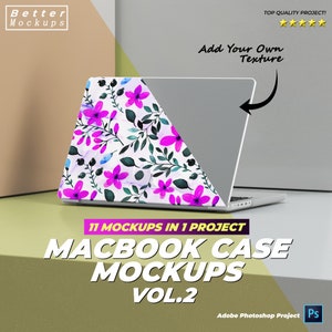 May include: A mockup of a laptop case with a floral design. The case is white with pink and blue flowers and green leaves. The laptop is closed and the case is visible on the bottom half of the laptop. The text "Add Your Own Texture" is visible above the laptop.