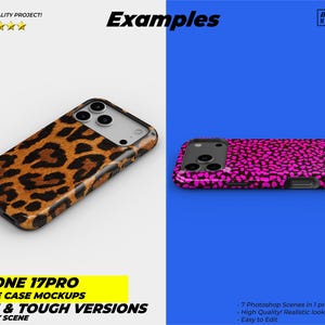 May include: Two iPhone 17 Pro phone case mockups. One case has a brown and black leopard print design. The other case has a pink dotted pattern. The text reads "Examples", "Slim & Tough Versions", and "Easy to Edit".