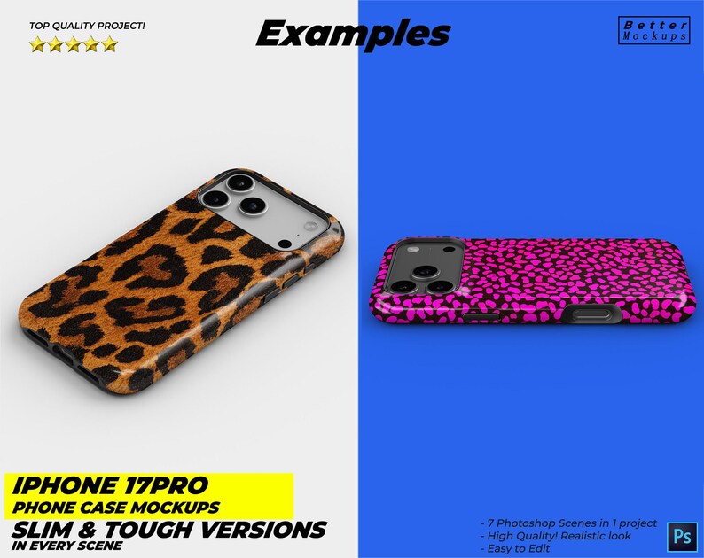 May include: Two iPhone 17 Pro phone case mockups. One case has a brown and black leopard print design. The other case has a pink dotted pattern. The text reads "Examples", "Slim & Tough Versions", and "Easy to Edit".