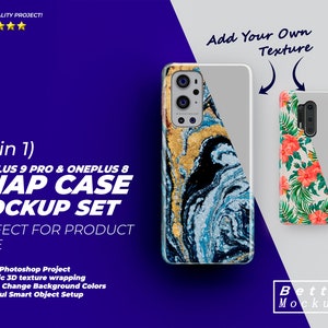Puede incluir: Un conjunto de maquetas de dos fundas para teléfonos para OnePlus 9 Pro y OnePlus 8. Las fundas son transparentes y tienen un diseño que se puede personalizar. El texto "Add Your Own Texture" es visible en la imagen.