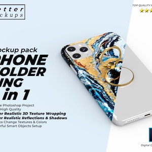 May include: A mockup of a phone case with a ring holder. The case has a blue, black, and gold marble design. The ring holder is gold and has a mirror finish. The text "PHONE HOLDER RING 3 in 1" is displayed on the image.