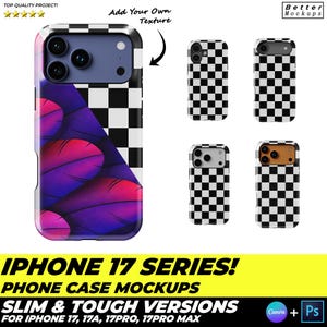 以下が含まれることがあります： iPhone 17シリーズの携帯電話ケースのモックアップ。メインケースは、市松模様と紫とピンクの羽のデザインが特徴です。市松模様の追加ケースが表示されます。テキストは「SLIM & TOUGH VERSIONS FOR IPHONE 17, 17A, 17PRO, 17PRO MAX」と表示されています。