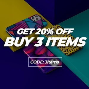 May include: Three colourful phone cases with geometric, animal print, and feather designs. Get 20% off when you buy 3 items. Use code: 3items.