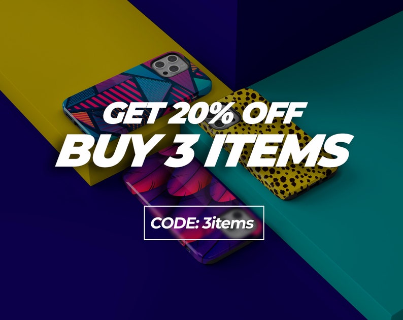 May include: Three colourful phone cases with geometric, animal print, and feather designs. Get 20% off when you buy 3 items. Use code: 3items.