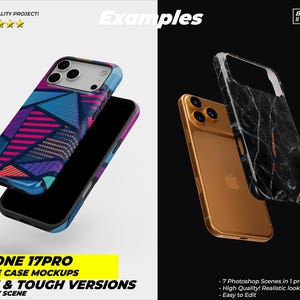 May include: Two iPhone 17 Pro phone case mockups. One case has a colorful geometric design, the other a black marble pattern. The text reads "IPHONE 17PRO PHONE CASE MOCKUPS SLIM & TOUGH VERSIONS IN EVERY SCENE."