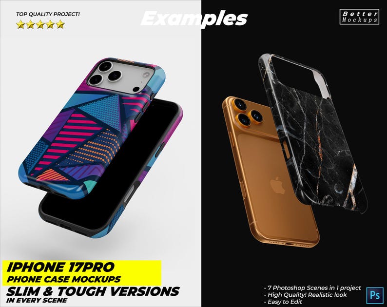 May include: Two iPhone 17 Pro phone case mockups. One case has a colorful geometric design, the other a black marble pattern. The text reads "IPHONE 17PRO PHONE CASE MOCKUPS SLIM & TOUGH VERSIONS IN EVERY SCENE."