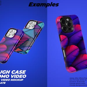 May include: Two phone cases with different designs. One case has a purple and pink feather pattern. The other case has a geometric pattern with blue, pink, and red colours. The text "TOUGH CASE PROMO VIDEO 26 SEC VIDEO MOCKUP TEMPLATE" is at the bottom of the image.
