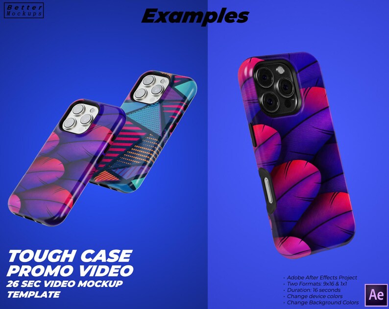 May include: Two phone cases with different designs. One case has a purple and pink feather pattern. The other case has a geometric pattern with blue, pink, and red colours. The text "TOUGH CASE PROMO VIDEO 26 SEC VIDEO MOCKUP TEMPLATE" is at the bottom of the image.