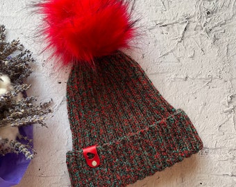 Red Green Brown Melange Beanie,Unisex Knitted Hat, Holiday Gift,Bobble Pompom Hat,Multicoloured Tweed Beanie, Fisherman Beanie,Ribbed Beanie