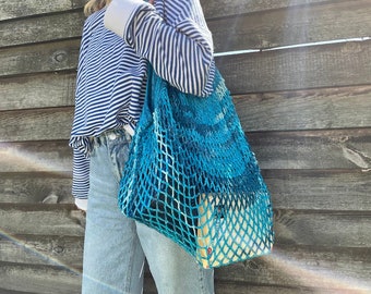 Mesh Market Bag, Chrochet Net String Bag, Blue Beach Net Bag, Mesh Tote, Reusable Grocery Bag, Summer Bag, Gift for girl
