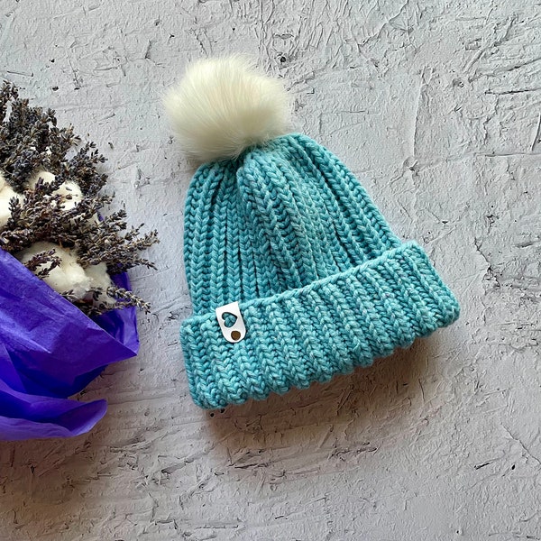 Light Blue Turquoise Beanie, Knitted Woman Wool Hat, Holiday Gift, Chunky Ribbed Beanie, Beanie With Lurex, Shiny Beanie, Bobble Pompon Hat