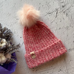 Pink & White Melange Beanie,Unisex Knitted Hat,Holiday Gift, Bobble Pompom Beanie,Multicoloured Beanie,Fisherman Beanie,Ribbed Beanie