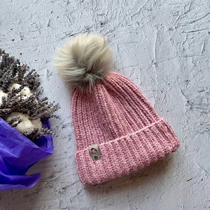 Wool Pale Pink Beanie,Unisex Knitted Hat,Holiday Beanie,Cozy Winter Accessories, Chunky Ribbed Hat,Pink Frost Knitted Beanie, Bobble Hat