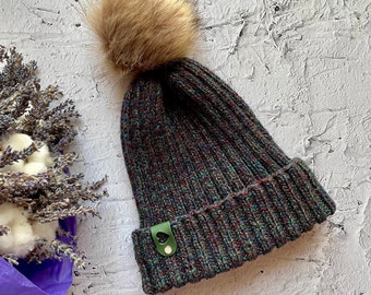 Green Maroon Grey Melange Beanie,Unisex Knitted Hat,Holiday Gift,Bobble Pompom Beanie, Multicoloured Beanie, Ribbed Beanie, Fisherman Hat