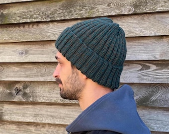 Green & Brown Melange Beanie, Men's Knit Hat, Holiday Gift, Warm Wool Hat, Multicoloured Tweed Beanie, Fisherman Beanie, Ribbed Hat