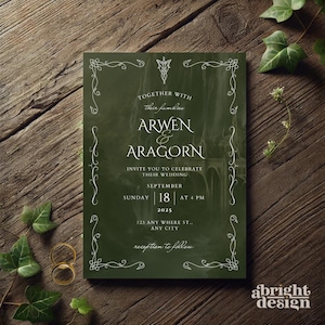 Elfen-Hochzeitseinladungs-Vorlage, Tolkien-inspiriert, Ringe der Macht, Herr der Ringe, Fantasy-Hochzeit, in Canva bearbeitet, keltische Naturhochzeit