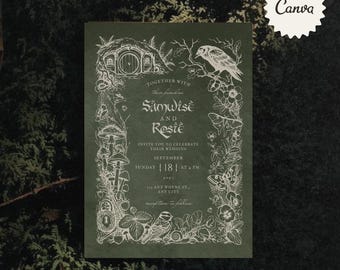 Puede incluir: Una invitación de boda verde oscuro con ilustraciones blancas de un agujero de hobbit, un búho, setas y elementos florales. La invitación incluye los nombres "Samwise" y "Rosie", junto con la fecha y hora de la boda. El logotipo de Canva está en la esquina superior derecha.