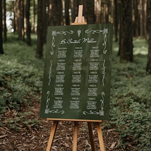 May include: A dark green seating plan on a wooden easel, set in a forest. The chart features elegant white calligraphy with table numbers and guest names. The top reads "Be Seated, Mellon."