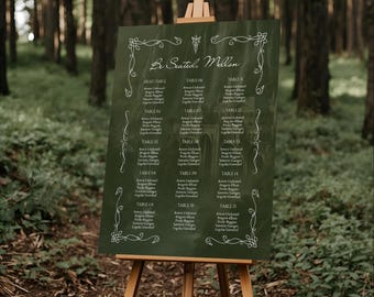Puede incluir: Un plano de asientos verde oscuro sobre un caballete de madera, en un bosque. El gráfico presenta una elegante caligrafía blanca con números de mesa y nombres de invitados. La parte superior dice "Be Seated, Mellon."