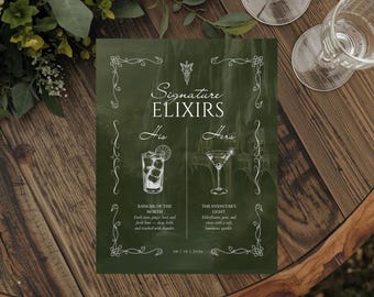 May include: A dark green rectangular menu sign titled Signature ELIXIRS with white text and line art illustrations of two cocktails. The menu lists His Ranger of the North and Hers The Evenstar's Light with ingredients and the date 09 | 18 | 2026.