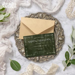 Modello di biglietto RSVP per matrimonio elfico, ispirato a Tolkien, anelli del potere, LOTR, matrimonio a tema fantasy, modifica in Canva, matrimonio con natura celtica