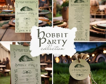 Puede incluir: Una colección de suministros para fiestas temáticas con una estética rústica y fantástica. Incluye invitaciones, menús y una etiqueta de regalo de agradecimiento, todos con un diseño caprichoso con el texto "Hobbit Party" y elementos florales decorativos.