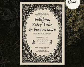Puede incluir: Una tarjeta de invitación rectangular de color crema con ilustraciones en tinta negra de enredaderas, flores y estrellas en un borde ovalado. El texto dice: Folklore, Fairy Tales & Forevermore for Aurora Rose, The Healer's Inn, 28 de noviembre de 2025.