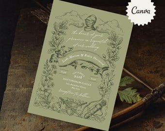 Puede incluir: Una invitación de boda verde oliva con temática medieval. La invitación presenta ilustraciones de hojas de roble, un yelmo y espadas cruzadas. El texto incluye los nombres "Lady Marian & Robin Sherwood" y la fecha "20 de septiembre de 2037."