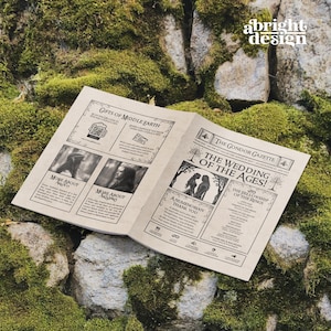 May include: An open newspaper with the headline "The Gondor Gazette" and the text "The Wedding of the Ages!" is displayed on a mossy stone surface. The newspaper features illustrations and text related to "The Fellowship of the Rings."
