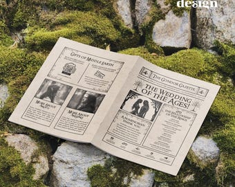 May include: An open newspaper with the headline "The Gondor Gazette" and the text "The Wedding of the Ages!" is displayed on a mossy stone surface. The newspaper features illustrations and text related to "The Fellowship of the Rings."