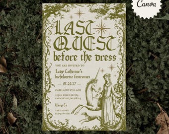 May include: A rectangular invitation card featuring olive green text and illustrations on a cream background. The text reads Last Quest before the dress, Lady Catherine's bachelorette festivities, 05-20-27, Camlann Village, 10320 Kelly Rd NE, Carnation, WA 98014.