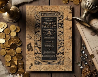 Puede incluir: Una invitación con temática pirata con el texto "WAY HEY, IT'S A PIRATE PARTEY" y detalles del evento. La invitación está sobre un fondo de mapa, rodeada de monedas de oro y copas decorativas, creando una estética vintage.
