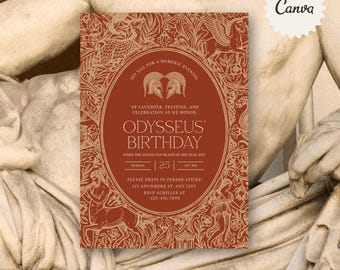 May include: A rectangular invitation card in terracotta orange with cream-colored line art featuring mythological figures and floral motifs. The text reads: SET SAIL FOR A HOMERIC EVENING, ODYSSEUS' BIRTHDAY, SUNDAY 25 AT 7 PM, and other event details.