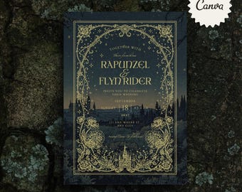Puede incluir: Una invitación de boda azul oscuro con un diseño floral y de volutas doradas. El texto dice "Rapunzel & Flyn Rider" e invita a los invitados a celebrar su boda el 18 de septiembre de 2027. El logotipo de Canva está en la esquina superior derecha.