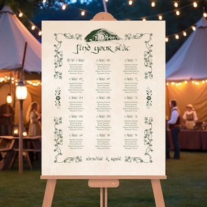 May include: A cream-coloured wedding seating chart on an easel. The chart features a green decorative border with the words "find your seat" at the top. The chart lists table numbers and guest names in a whimsical font.
