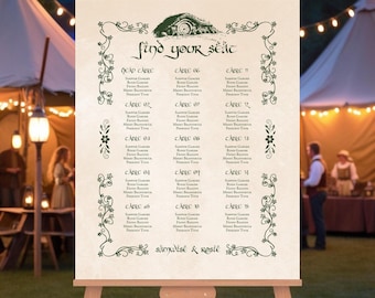 Puede incluir: Un plano de asientos de boda de color crema sobre un caballete. El gráfico presenta un borde decorativo verde con las palabras "find your seat" en la parte superior. El gráfico enumera los números de mesa y los nombres de los invitados.