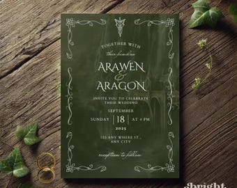 May include: A rectangular wedding invitation card in dark forest green with white text and an intricate white filigree border. The text reads: Together with their families Arawen & Aragon invite you to celebrate their wedding Sunday September 18 2025 at 4 PM 123 Any Where St., Any City reception to follow.