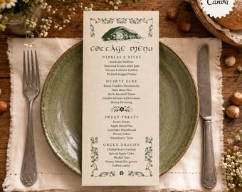 May include: A vertical rectangular menu card with cream-colored paper and dark green text titled Cottage Menu. The design features a small illustration of a hobbit hole at the top, decorative floral borders, and a list of food and drink items.