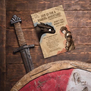 May include: A brown and white invitation with a cartoon dragon and a boy. The invitation is for a 12th birthday party and says "Join us for a roaring adventure!"  Henry's 12th Berkday Party. Friday June 9th. 6PM @ The Haddock Residence. 123 Avanware St, Arycity.