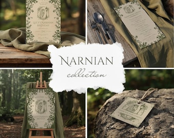 Puede incluir: Una colección de artículos de papelería con temática de Narnia. Incluye una invitación, un menú, un letrero de bienvenida y una etiqueta. Los diseños presentan ilustraciones de un león y una farola, con bordes decorativos de hojas. La paleta de colores es principalmente verde y beige.