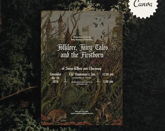 Invitación con ilustración de cuento de hadas de los hermanos Grimm / Libro de cuentos vintage, diseño de castillo (plantilla de Canva)