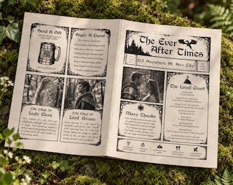May include: A printed wedding program titled The Ever After Times, designed like a newspaper with black text and illustrations on off-white paper. It features sections for a quest, the tale of the couple, and the loyal court, including a dragon graphic.