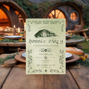 Hobbit-Partyeinladungsvorlage, Tolkien-inspiriert, Ringe der Macht, Herr der Ringe, Fantasy-Themenparty, Bearbeiten in Canva, Cottage Nature Party