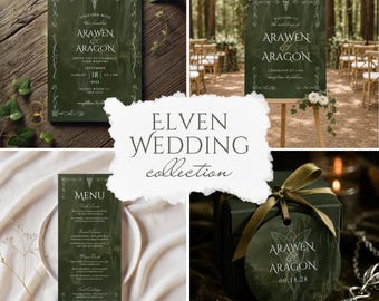 May include: A collection of dark green wedding stationery featuring white elven-style filigree borders and elegant typography. The set includes a wedding invitation, a welcome sign, a menu card, and a circular gift tag tied with a gold ribbon.