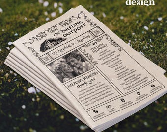 May include: A stack of cream-colored wedding programs designed like a newspaper titled The Halfling Outpost. The front features a black and white photo of a couple, text detailing the wedding party, a thank you note, and small icons at the bottom.