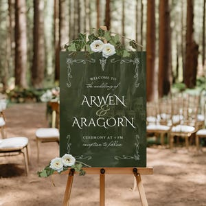 Cartello per matrimonio elfico, ispirato a Tolkien, anelli del potere, Signore degli Anelli, matrimonio a tema fantasy, modifica in Canva, matrimonio con natura celtica